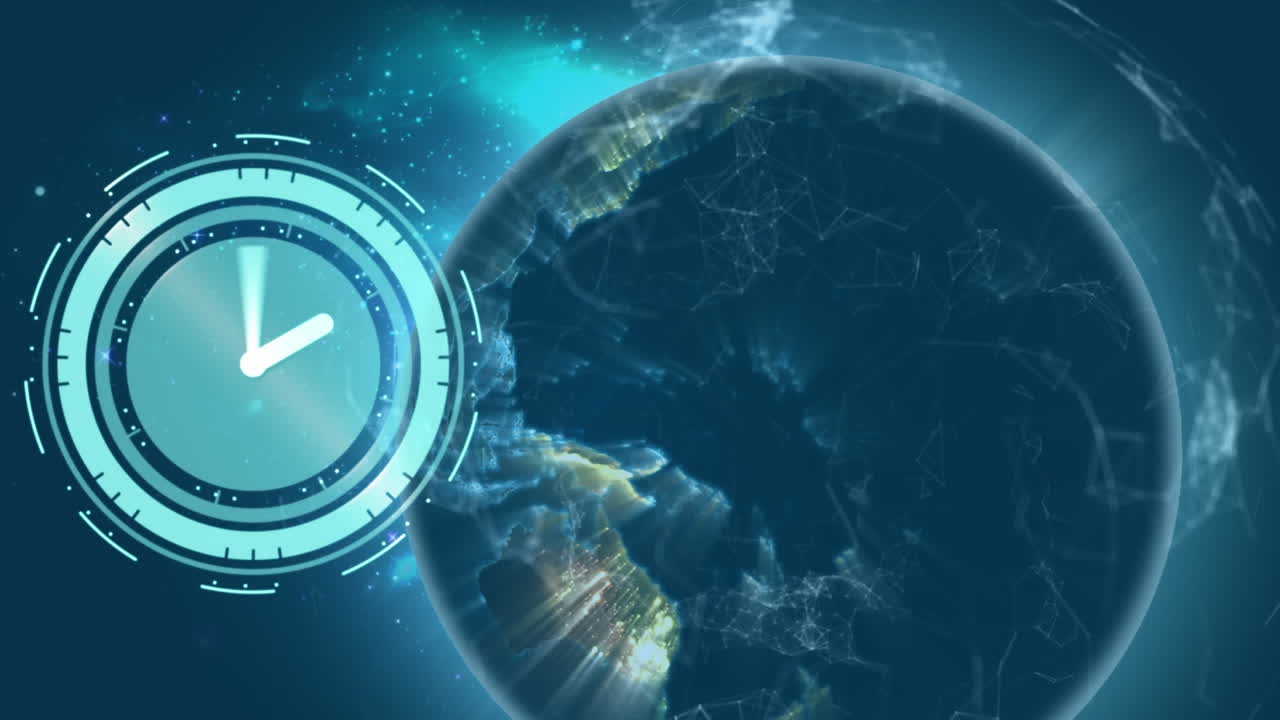 Animation einer Uhr über einem Netzwerk von Verbindungen und einem Globus