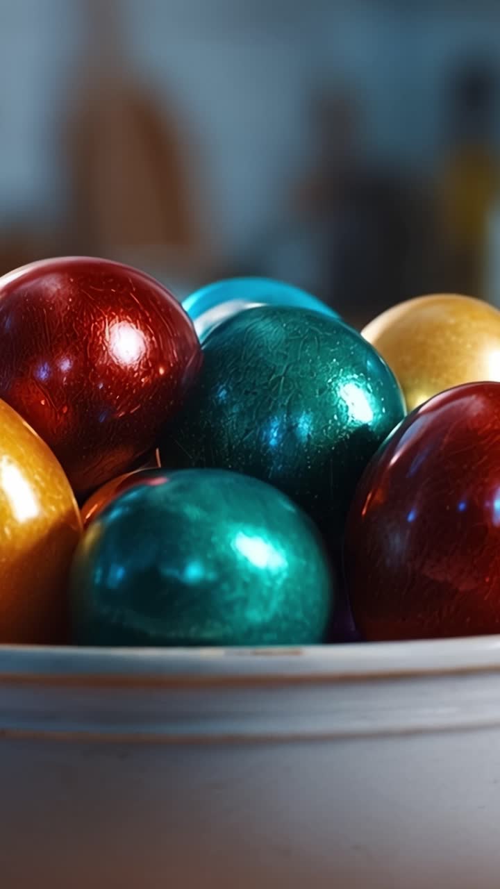 Eine farbenfrohe Sammlung dekorativer Eier in einer Schale, festgehalten in einer warmen, einladenden Küchenumgebung, perfekt für festliche Anlässe und Dekorationen