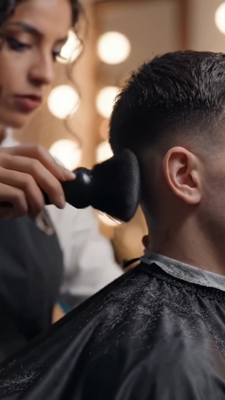Taglio di capelli professionale in corso: un barbiere esperto usa il tagliacapelli su un taglio sfumato alla moda di un cliente in una moderna barberia.