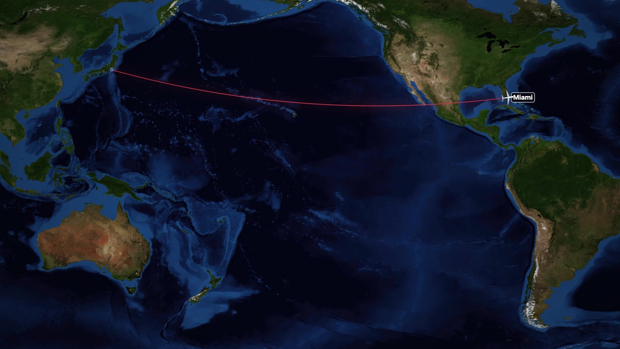 Satellite map animation follows an airplane icon traveling from Tokyo to Miami across Pacific