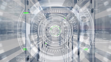 animation of data processing and globe over server room