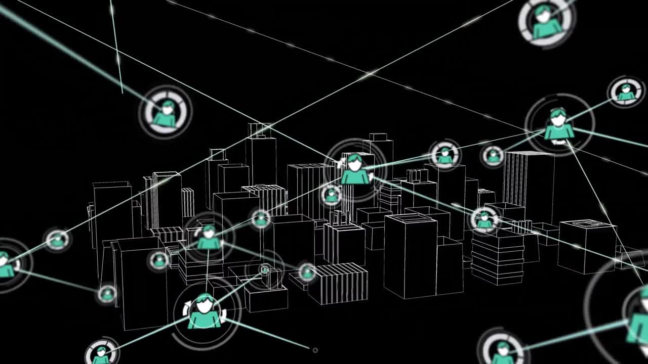 Animation of network of connections with icons over 3d city drawing
