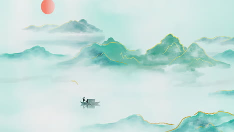 환상적인 대기 중국 스타일 황금 풍경 그림 역동적인 배경 하늘, 산, 꽃, 호수, 고대 집과 간단한 애니메이션 일본 중국 애니메이션 수채화 스타일