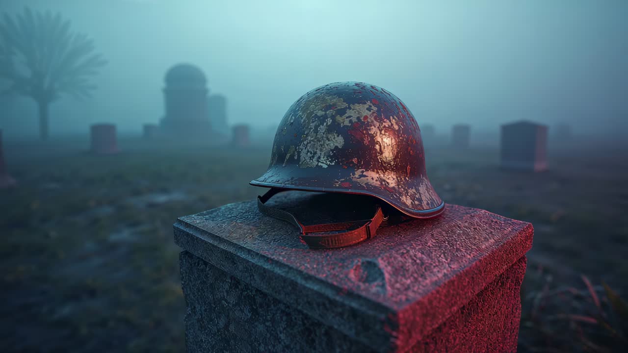 Upon start camera dollying in and tilting down over war cemetery stone plinth, showing helmet wear