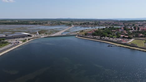 historic town of nin laguna aerial view with velebit mountain background, dalmatia region of croatia