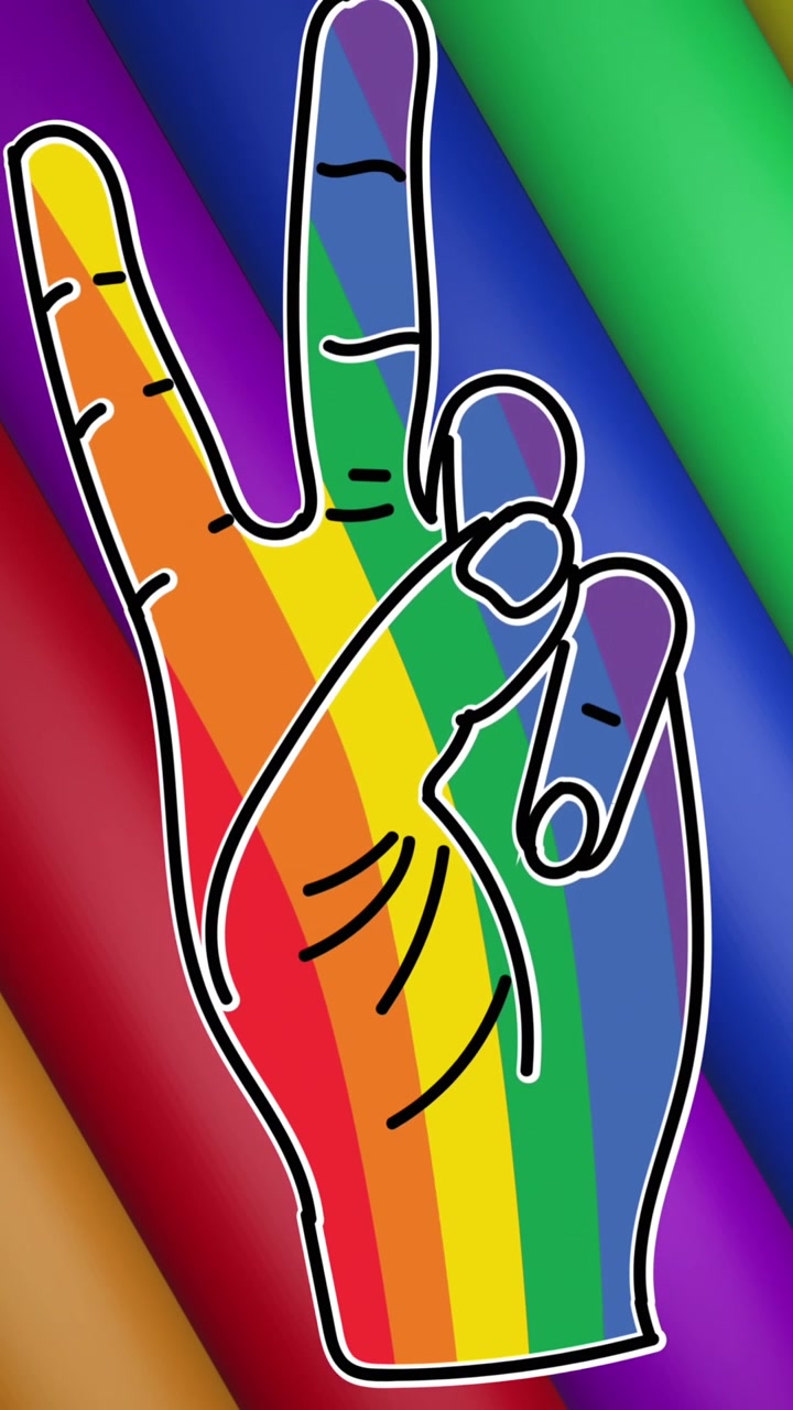 Animation of rainbow hand with victory sign, stripes and colours moving on seamless loop