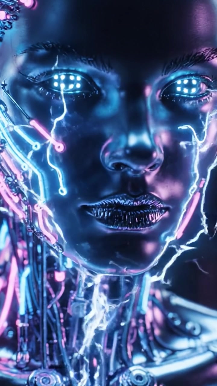 Entità Cibernetica Futuristica: Uno Sguardo Mozzafiato a una Figura Robotica Iperrealistica con Intricati Circuiti al Neon che Illuminano le Sue Superfici