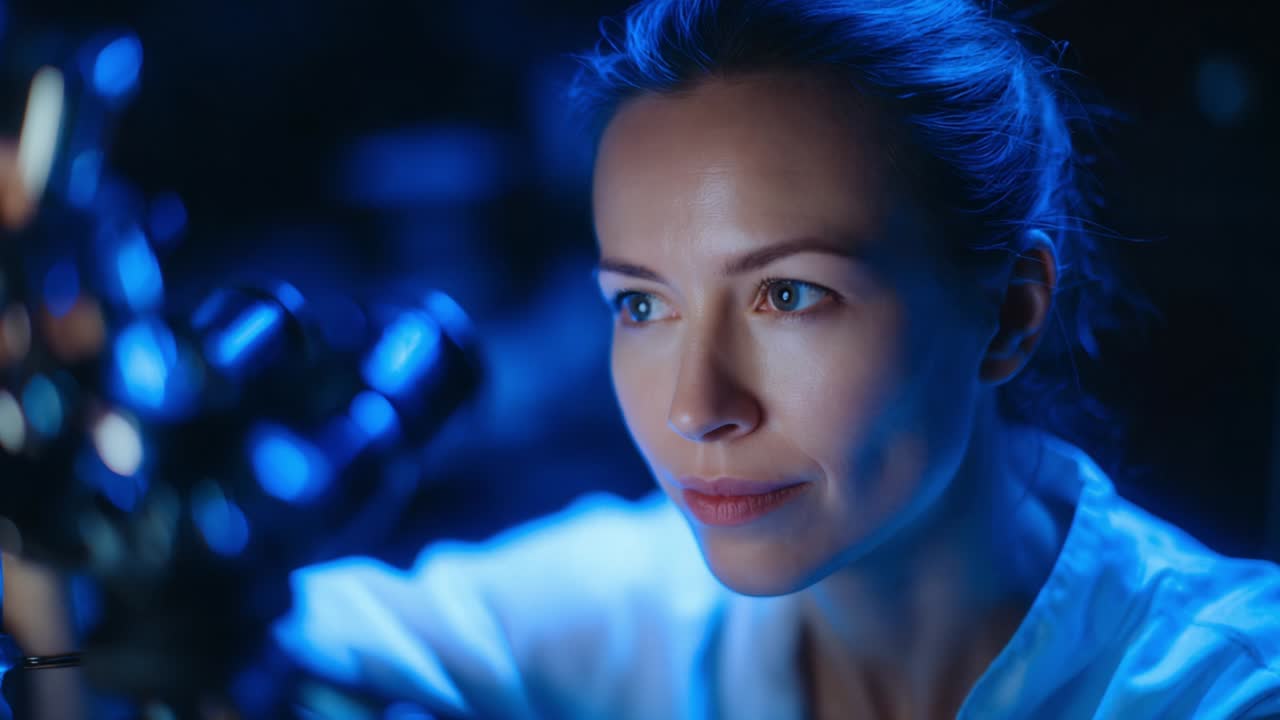 A focused scientist deeply engaged in exploration, showcasing precision and dedication as she examines advanced laboratory equipment in a mesmerizing blue-lit environment, embodying innovation and curiosity