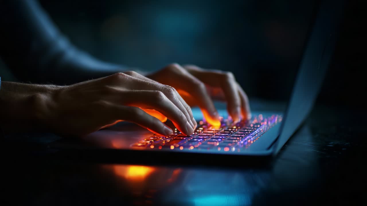 A close-up view of hands naturally typing on a modern laptop keyboard illuminated with colorful backlighting, capturing the essence of late-night productivity and creative digital engagement in a dark environment