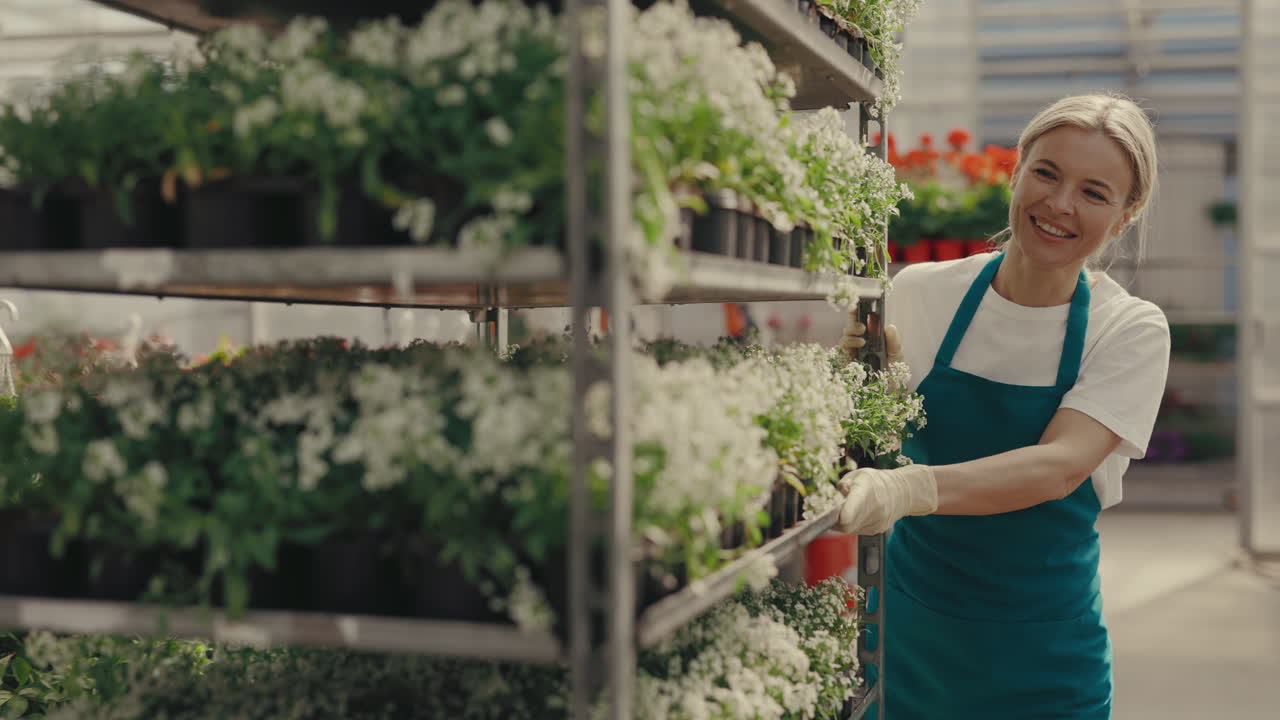 Smiling woman working in a greenhouse
