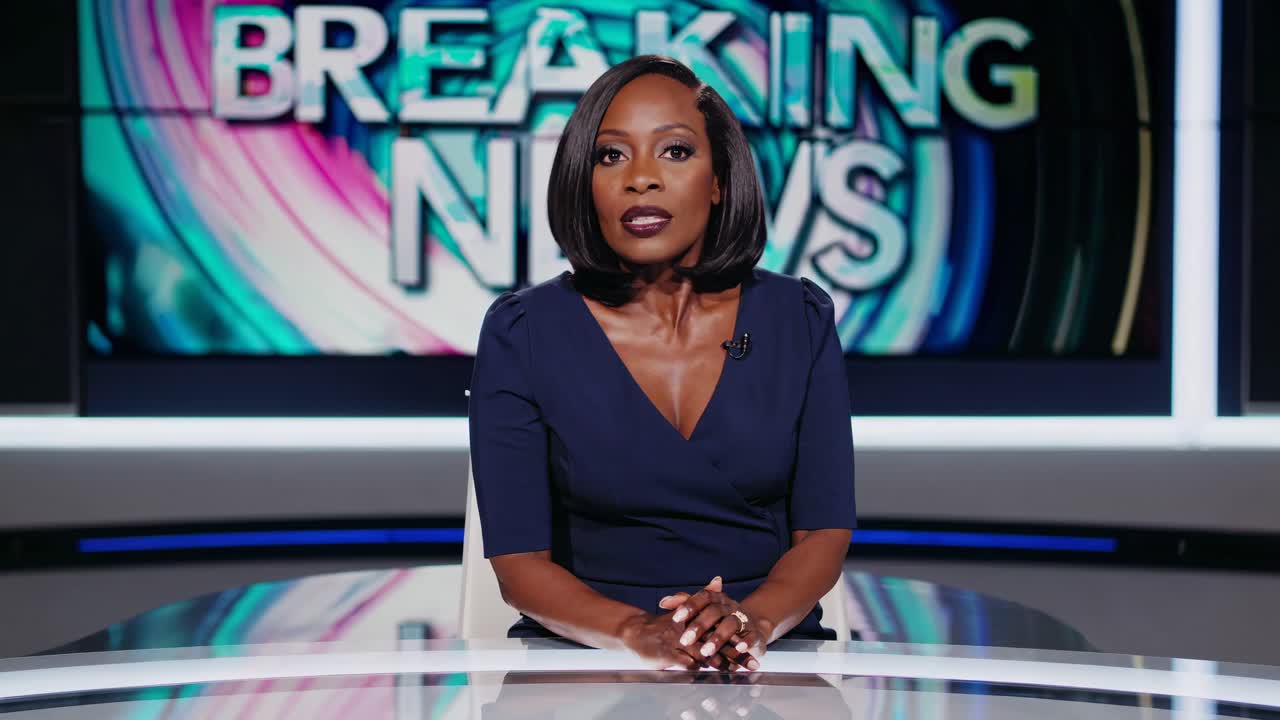 A news anchor in a studio, captured from a front-facing angle, delivering breaking news