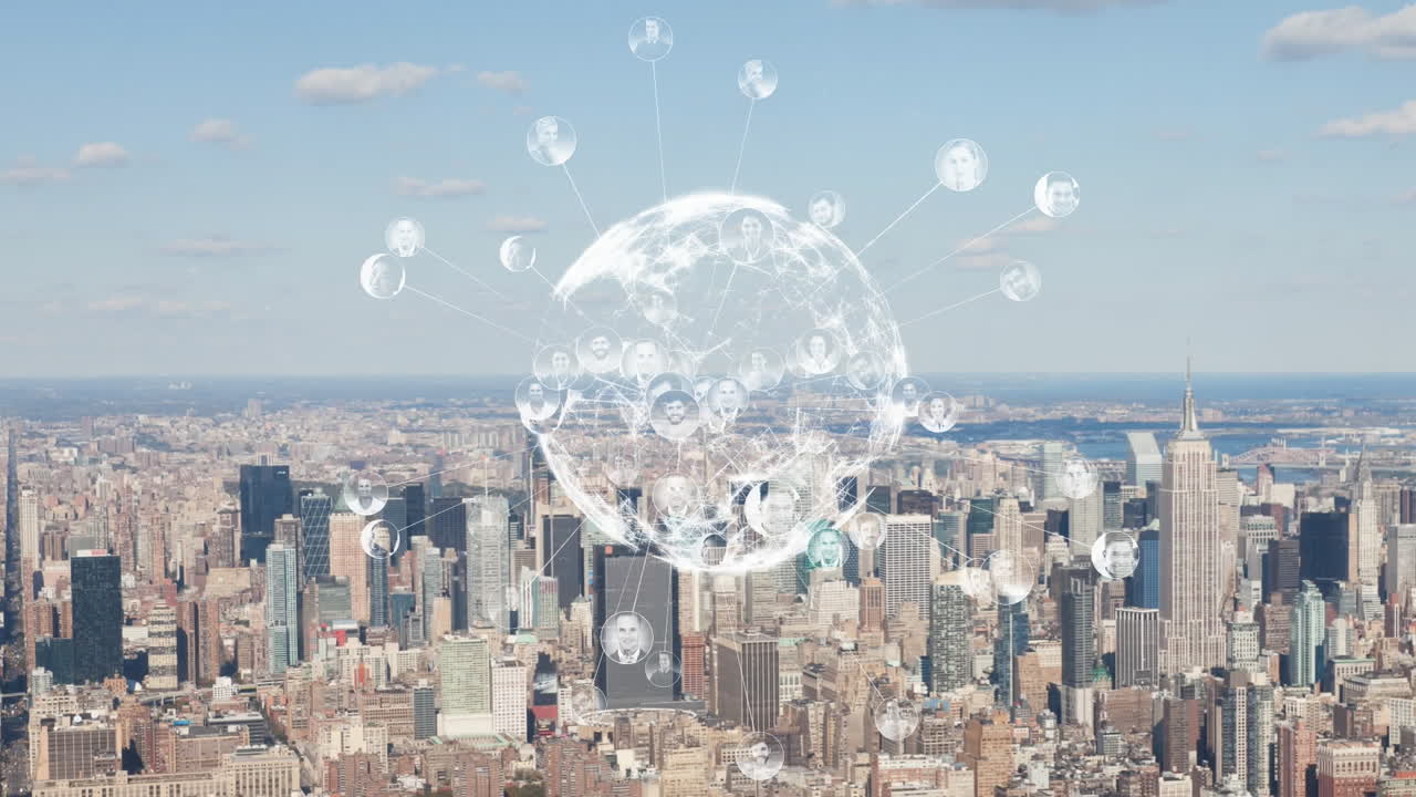 Global network connections animation over cityscape with skyscrapers