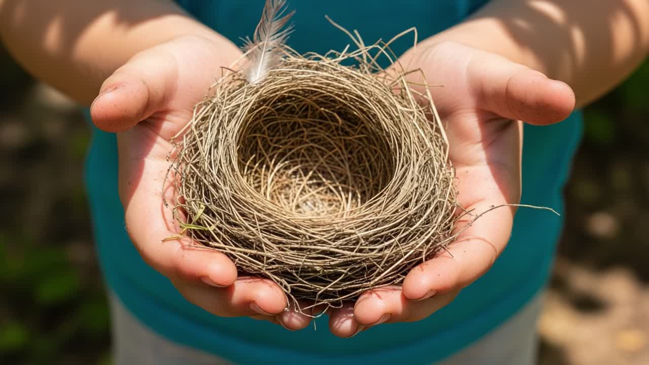 A Young Child's Gently Cradled Nest, Symbolizing Nurturing and Care for Nature, Captured in Two Frames Highlighting Its Intricate Design and Fragility