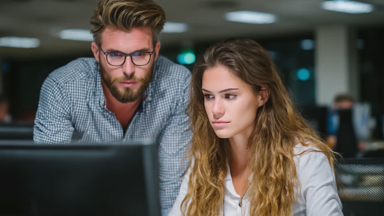 Focused Collaboration: A Man and Woman Analyzing Data on a Computer in a Modern Office Environment, Highlighting Teamwork and Concentration in the Workplace