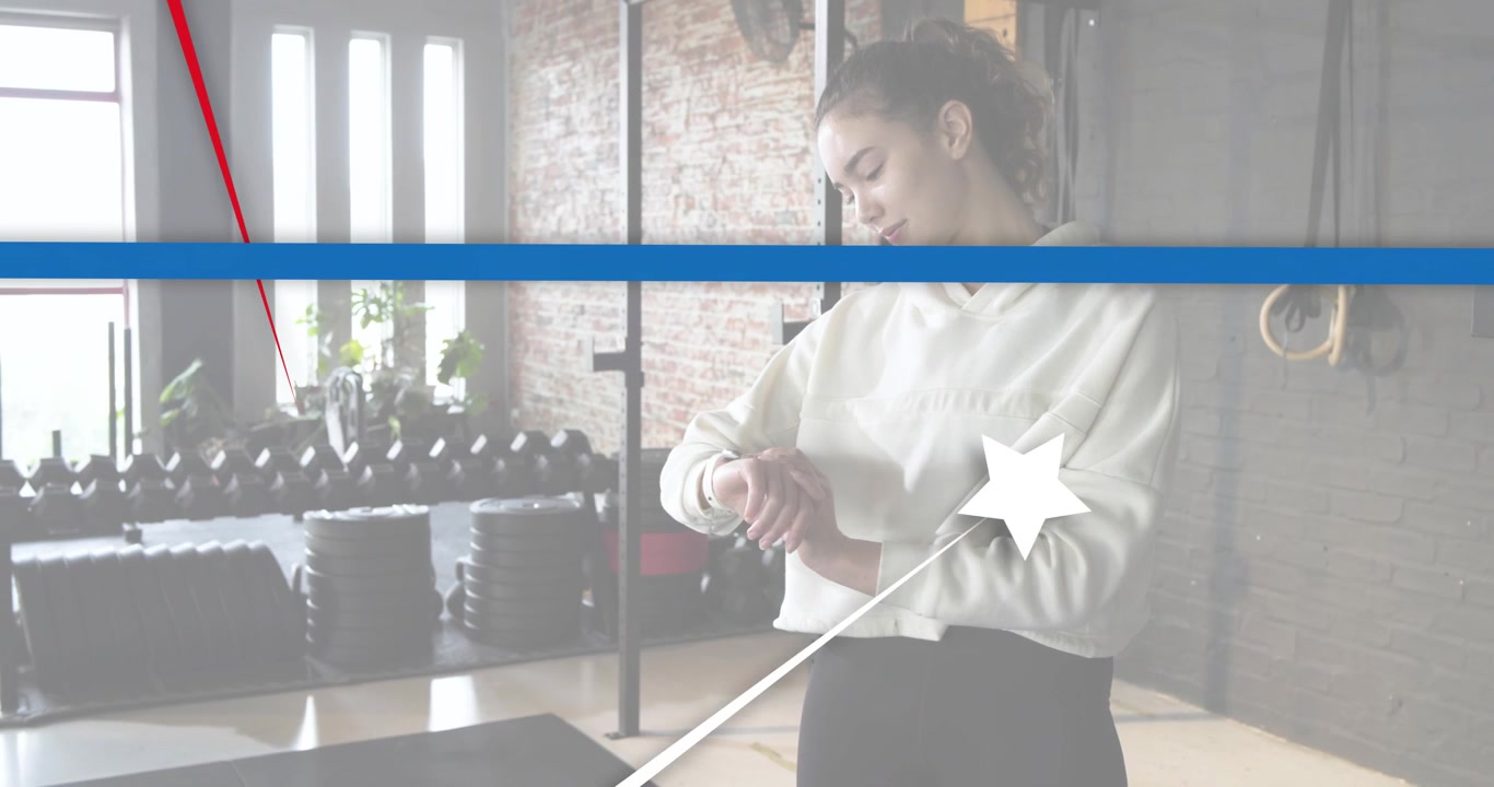 Atleta femenina en el gimnasio tocando su reloj inteligente, activando líneas de estrellas animadas que muestran métricas de salud