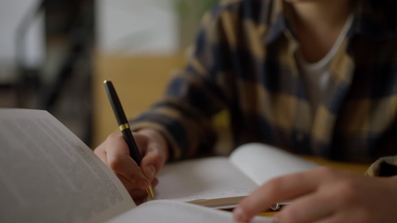 Close-up of a girl in a checkered shirt takes notes and takes notes with a black pen in a notebook while sitting at a table in the library