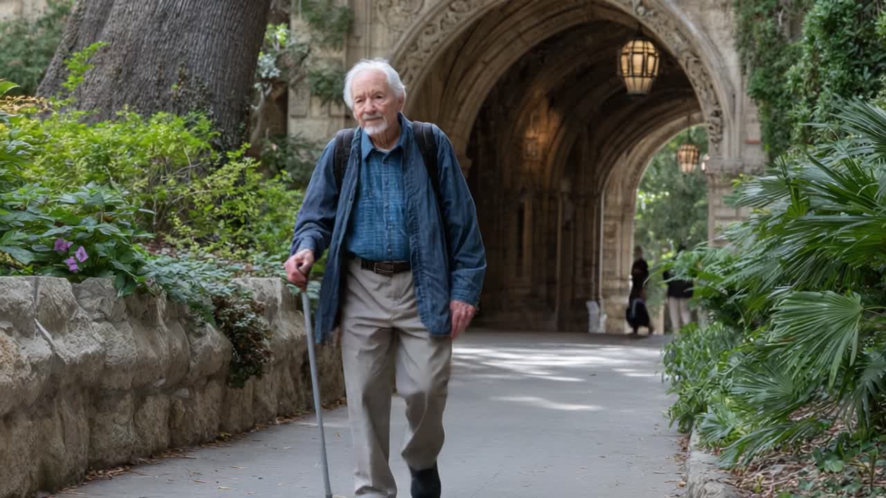 A Thoughtful Stroll Through a Picturesque Archway: An Elderly Man Enjoys Nature's Beauty While Walking with a Cane in a Scenic Park Pathway