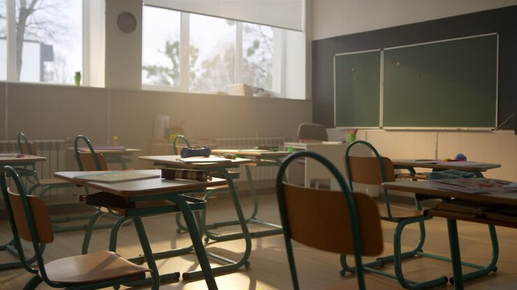 Aula nel campus scolastico. Banchi e sedie in legno in un auditorium di scuola privata.
