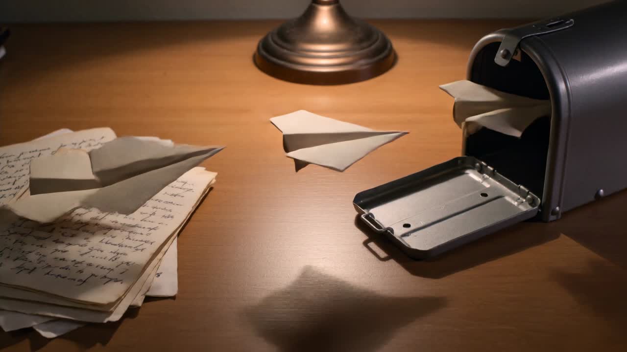 Sfogliando un singolo foglio, si lanciano aeroplanini di carta attraverso la scrivania in rovere verso una cassetta della posta aperta, con una lampada sopra le lettere.