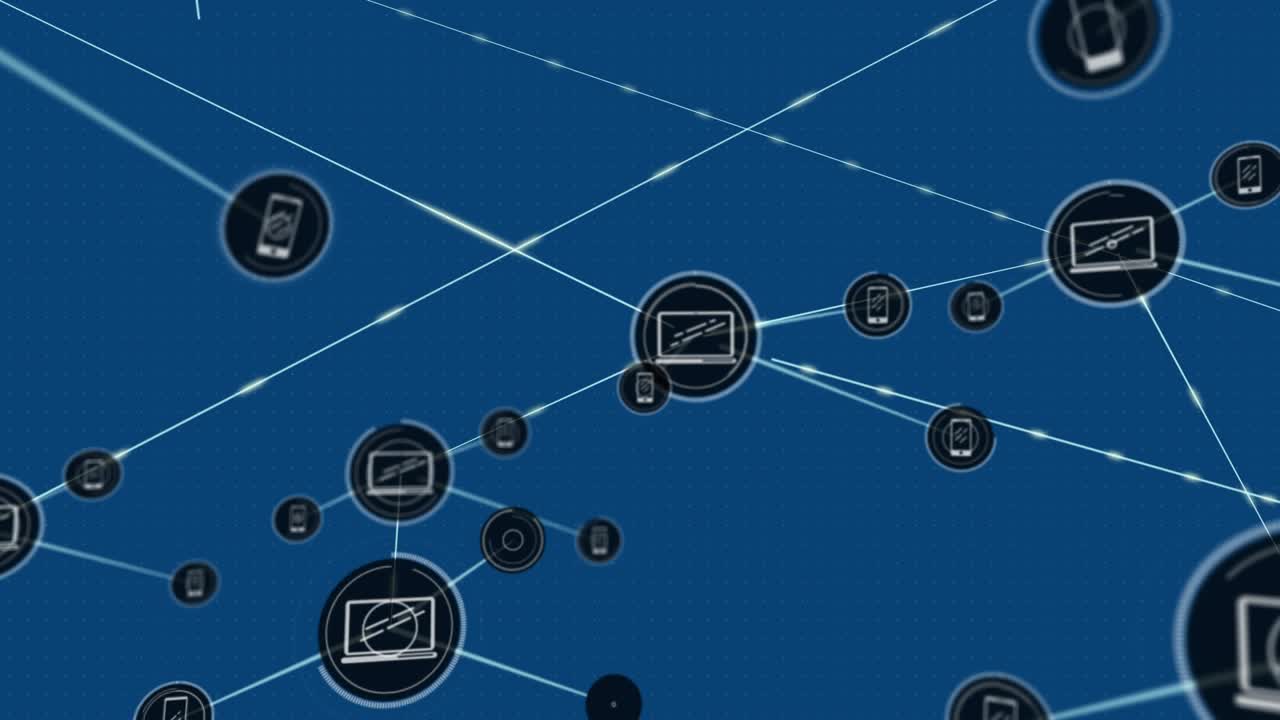Animation of network of connections with icons over blue background
