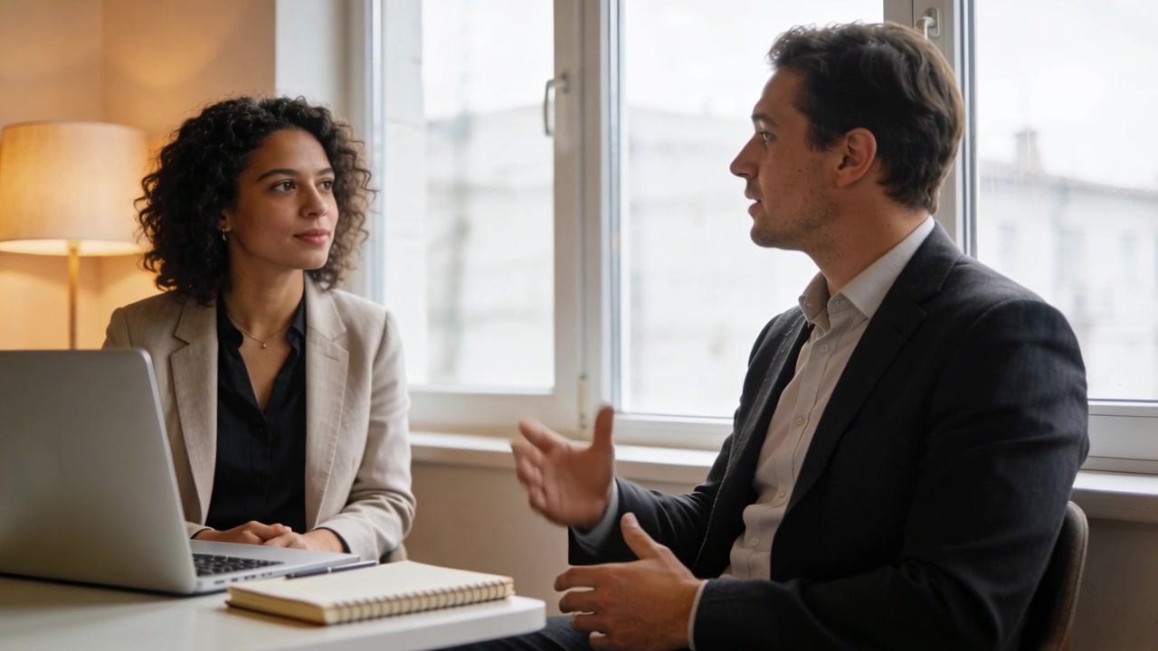 Initiating man in suit gesturing and outlining plan at office table with laptop and notebook