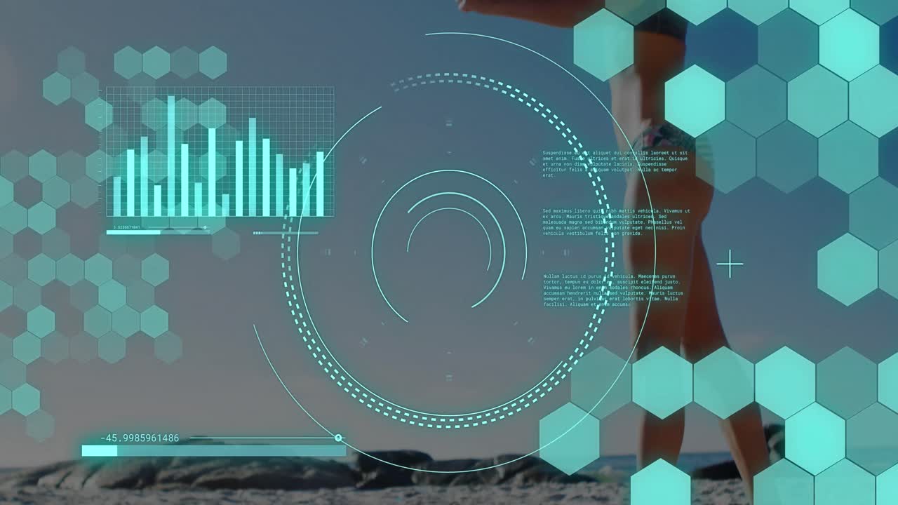 animación de escaneo de alcance y procesamiento de datos sobre una mujer caucásica jugando voleibol en la playa