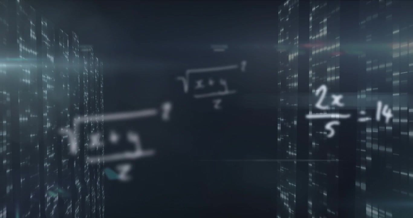 Animazione di equazioni matematiche con effetto lens flare e barre che cadono su uno sfondo astratto.