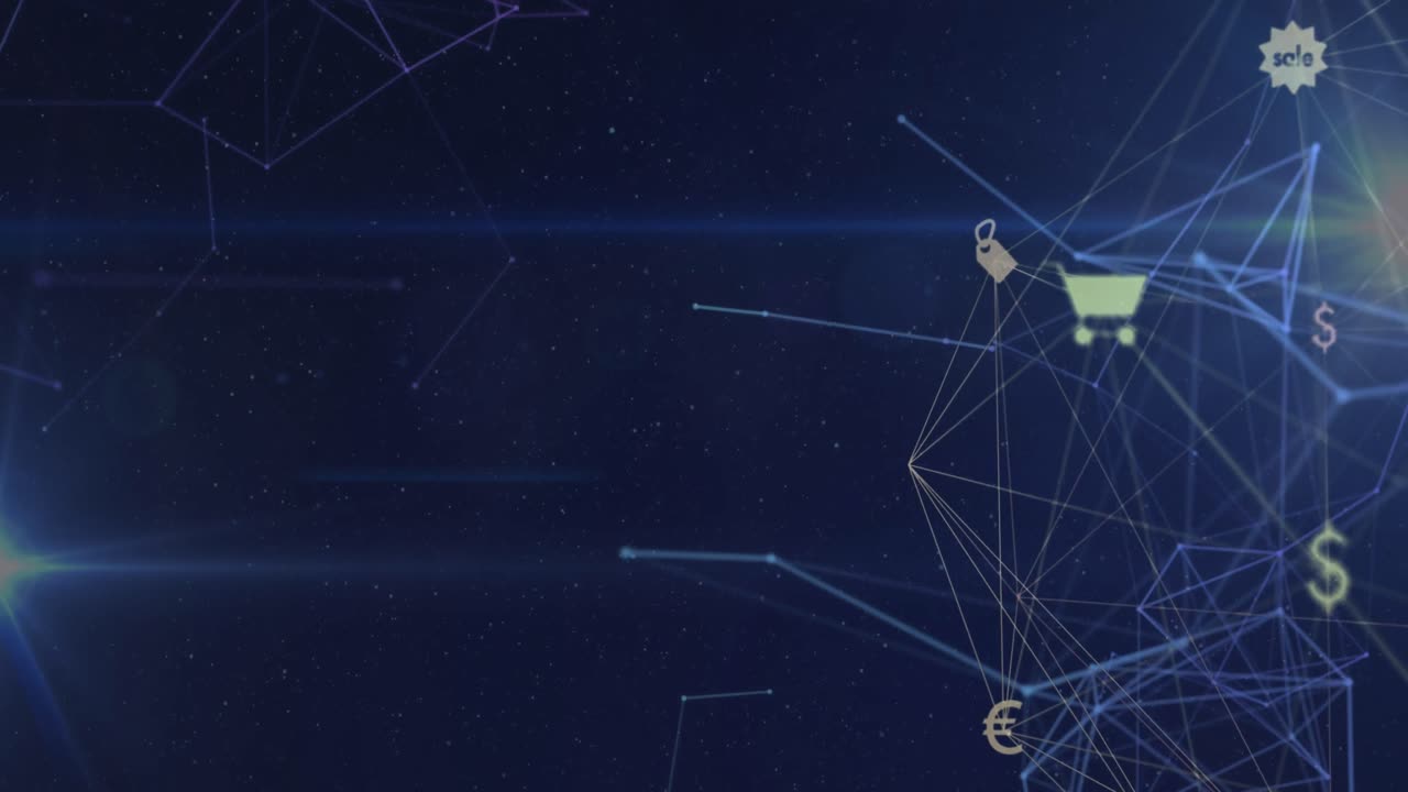 animación de la red de conexiones con iconos sobre fondo oscuro