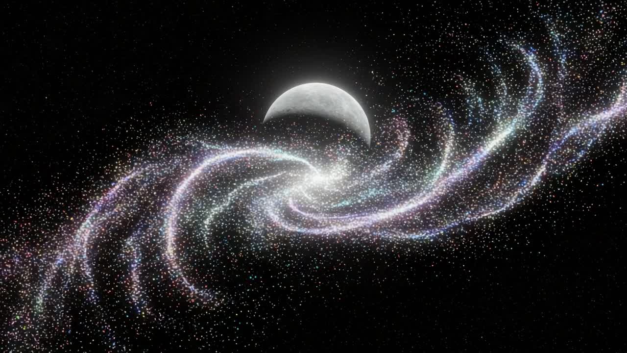 A Captivating View of a Cosmic Spiral with a Luminous Moon Residing at Its Core, Highlighting the Beauty of Celestial Bodies and Galactic Wonders