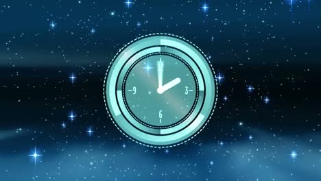 animación de un reloj con manecillas en movimiento en el cielo estrellado