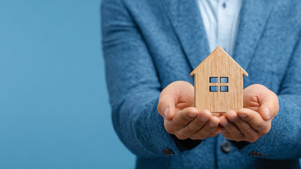 Un professionista che presenta un modello simbolico di casa in legno con le mani aperte su uno sfondo blu tenue, che rappresenta la proprietà immobiliare e i concetti immobiliari