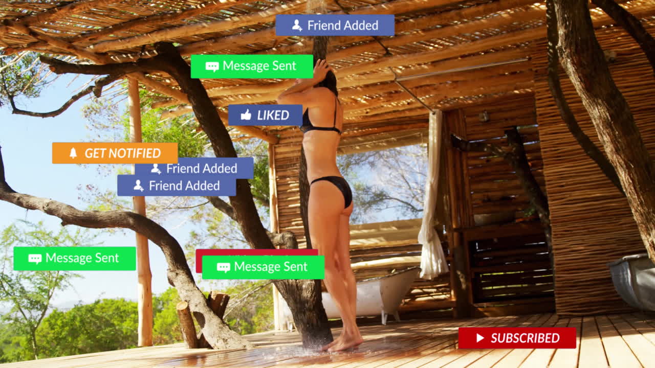 On wooden deck, woman in bikini viewing animation of social media notifications