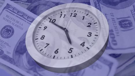 Digitale-Animation-Der-Tickenden-Uhr-Vor-Sich-Drehenden-US-Dollar-Scheinen-Im-Hintergrund