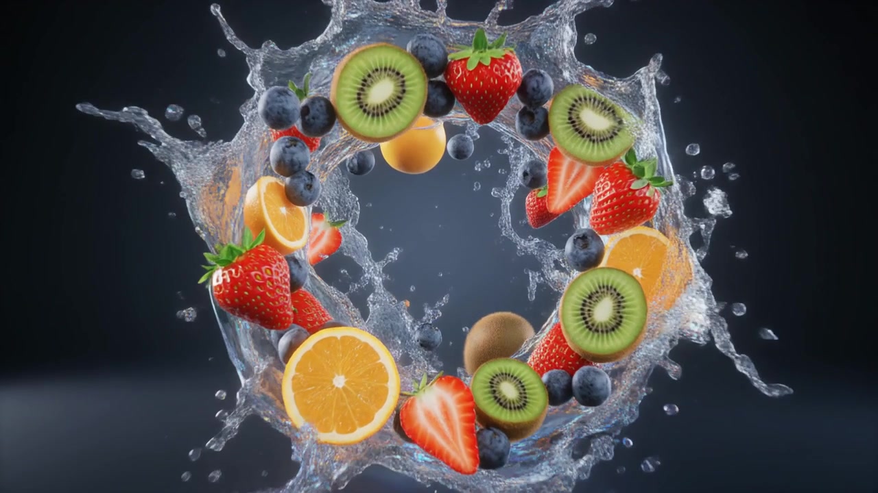 Vers fruit drijvend in een roterende waterkolk
