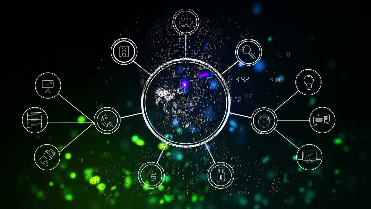 어두운 배경에서 연결 네트워크와 데이터 처리의 애니메이션