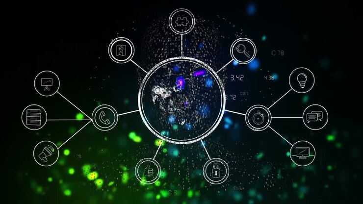 Animation of network of connections and data processing over dark background