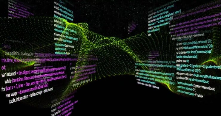 Animation of light trails and data processing over black background