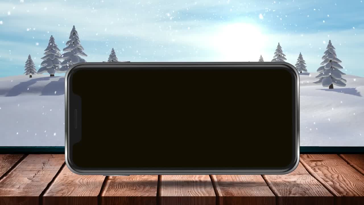 animación de la pantalla en blanco del teléfono inteligente con paisajes de invierno