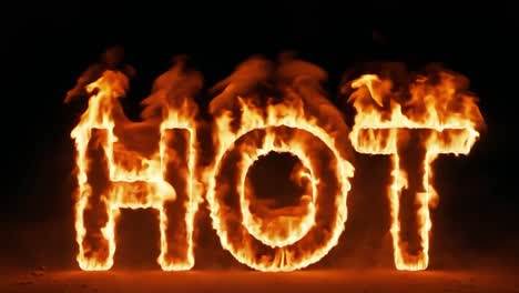 el texto en llamas muestra la palabra "hot" envuelta en llamas naranjas brillantes contra un fondo negro llamativo.