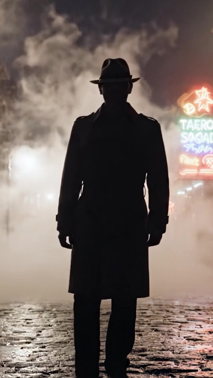 Una figura misteriosa emerge dalla nebbia: abbracciare l'intrigo dell'estetica noir e delle ombre in un paesaggio urbano cinematografico