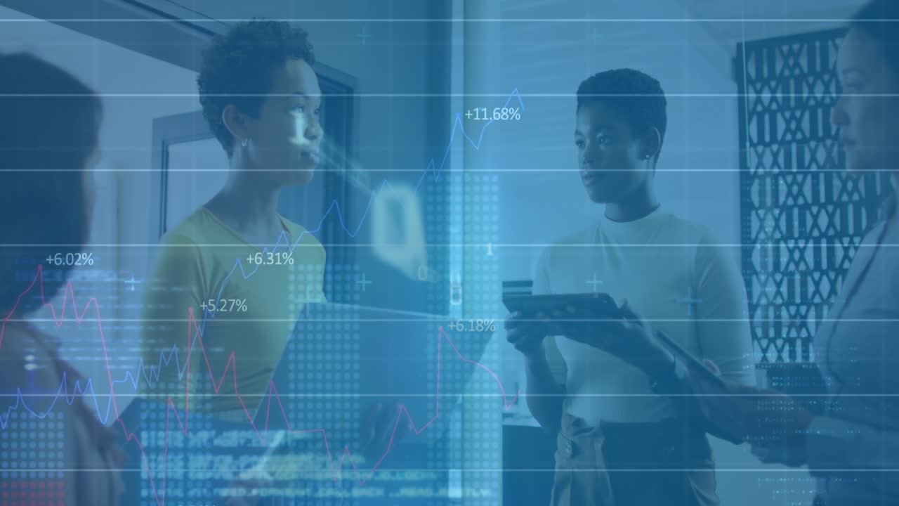 Animation of digital interface over talking business people