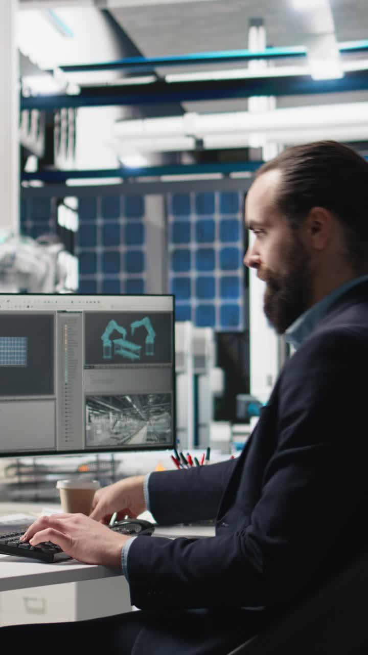 Vertical Video Professional consultant reviewing solar power quality in a factory