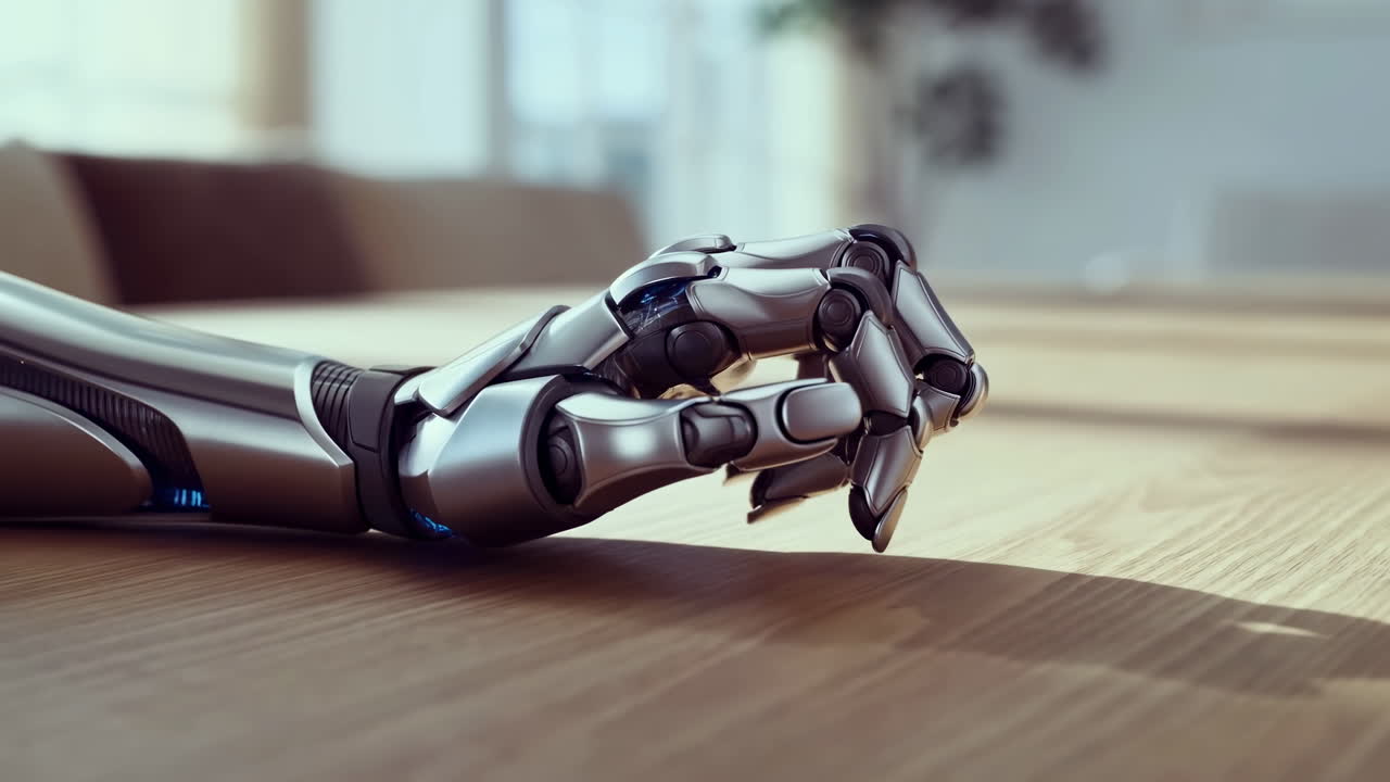 Elegante mano protesica robotica poggia su un tavolo di legno illuminato dal sole, primo piano di dita bioniche e articolazioni snodate.