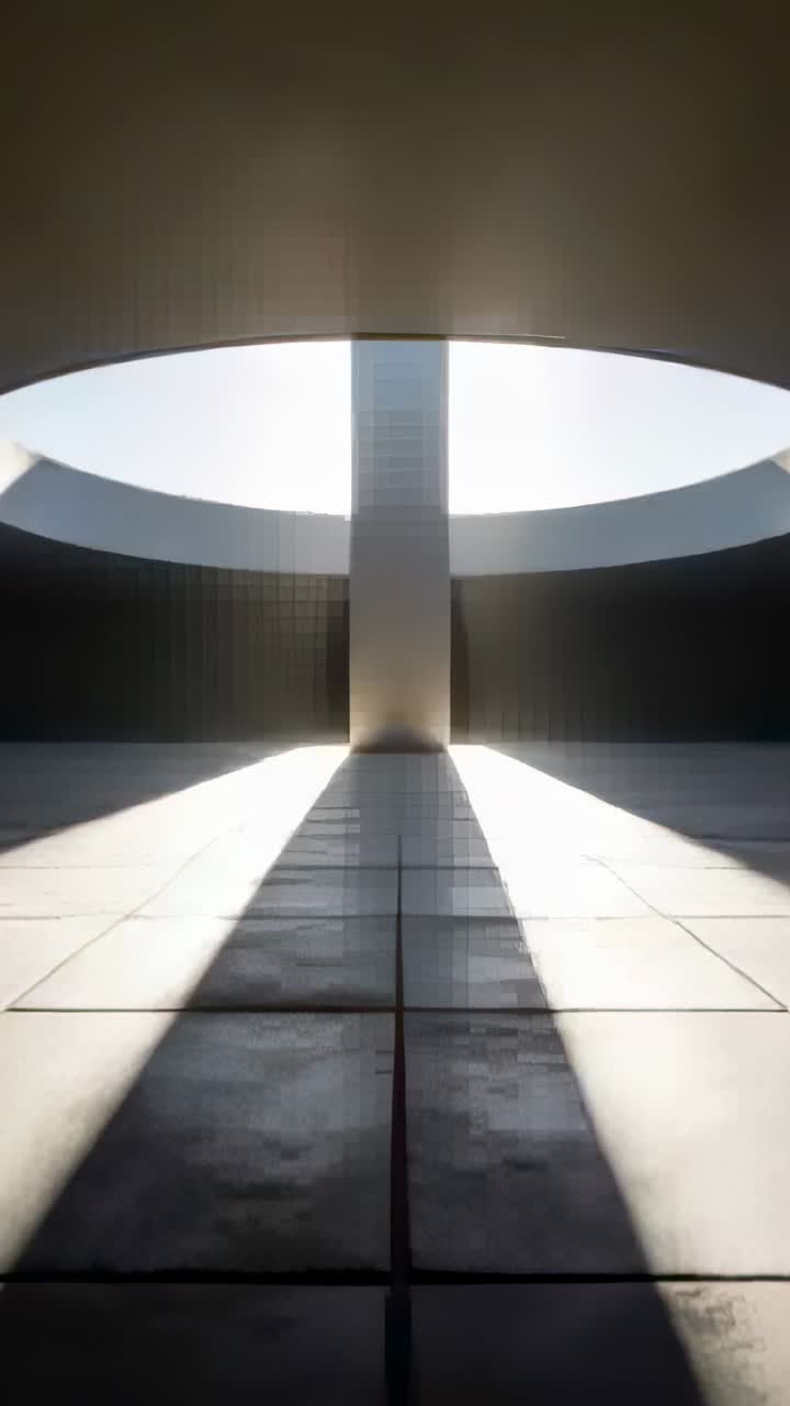 Vertikales Video: Sich bewegendes Licht vom Oculus, Säule wirft Strahlen auf den Boden in einer Rotunde, während sich die Sonne bewegt.