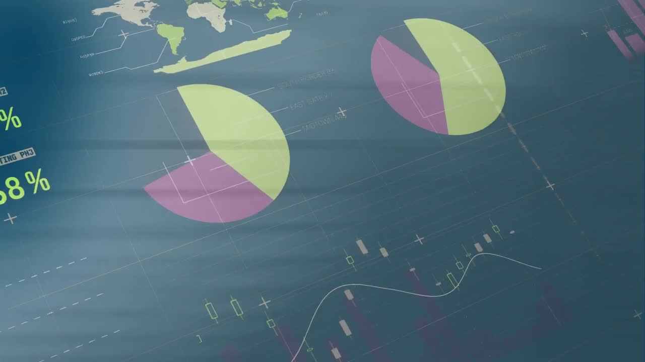 animación de la interfaz infográfica sobre vista de ángulo bajo del techo de la oficina.