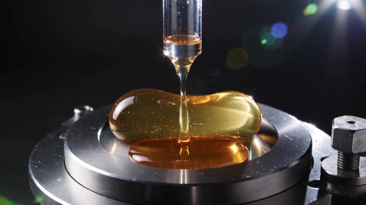 Dispensing glass pipette touching amber bead, releasing amber fluid onto metal ring, showing bolts