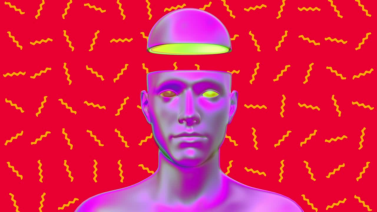 el diseño psicodélico colorido del cuerpo humano, el arte conceptual abstracto con formas geométricas, el personaje 3d realista, el hombre o la mujer en un estilo de movimiento moderno creativo, la animación de bucle de moda brillante.