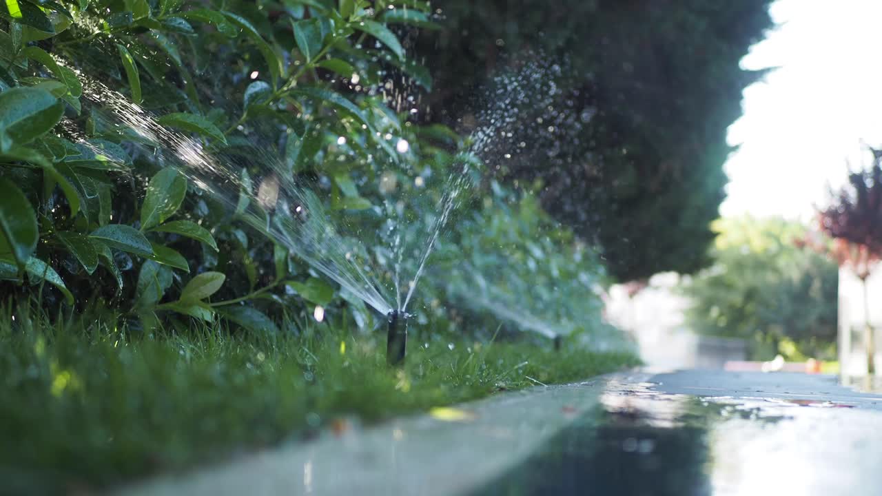 Close-up of a sprinkler watering a lawn