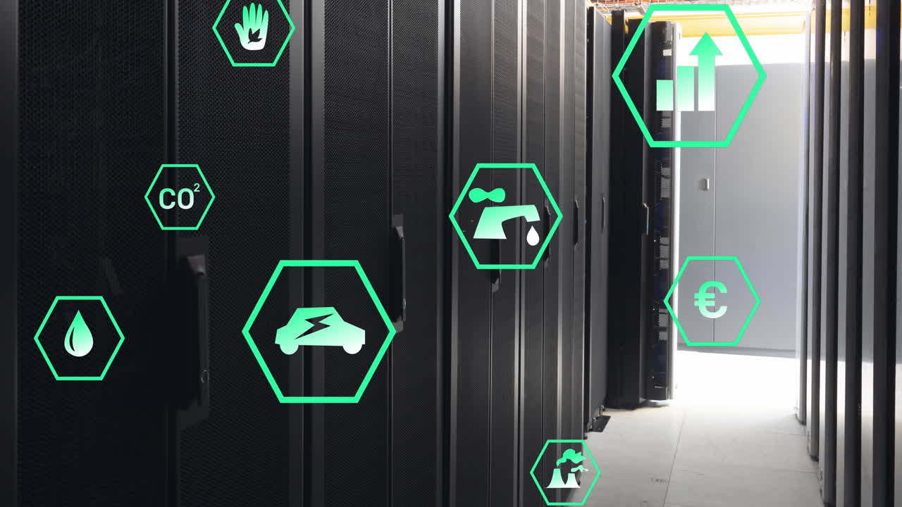 animación de múltiples iconos digitales flotando contra la sala del servidor de la computadora