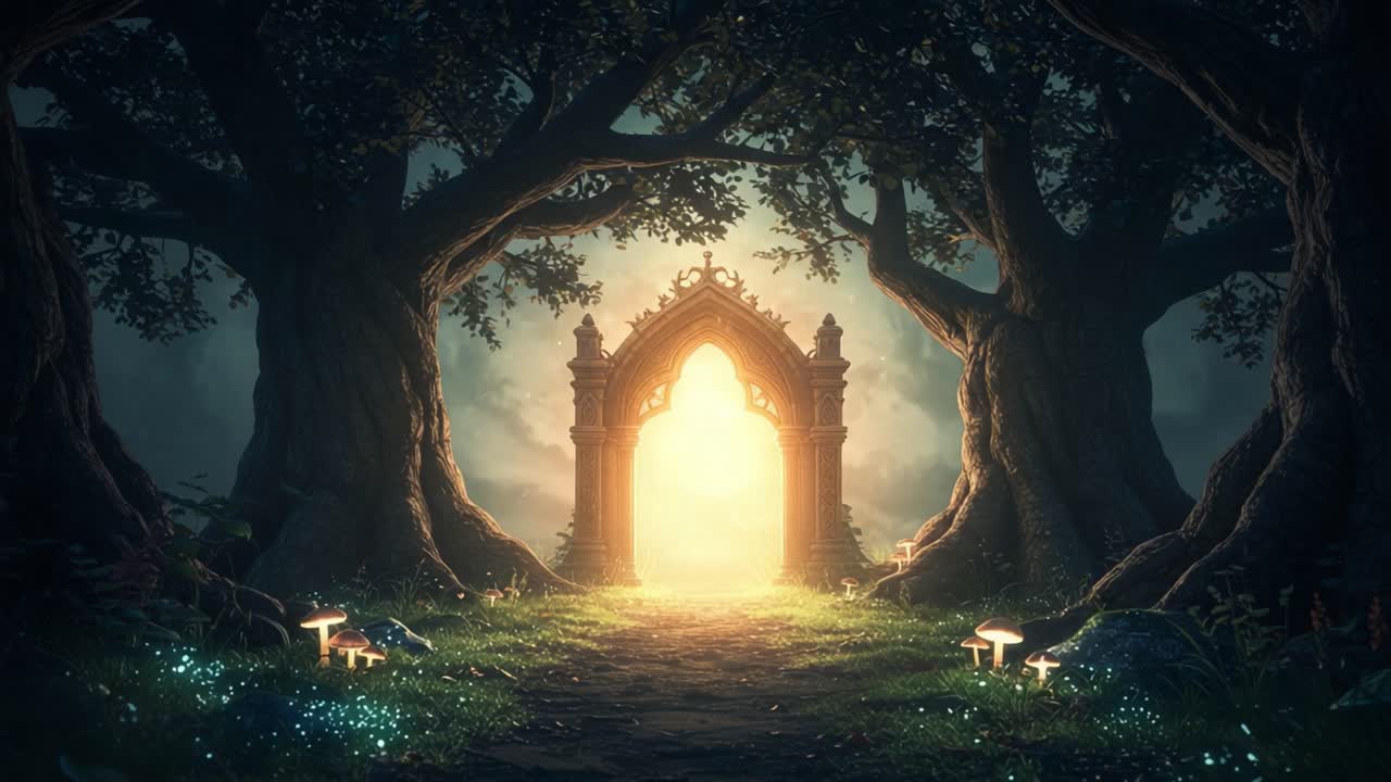 A Mystical Gateway Surrounded by Enchanted Trees and Glowing Mushrooms in an Otherworldly Forest Landscape, Inviting Exploration and Discovery